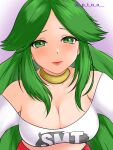  1girl alternate_costume breasts cleavage collarbone commission green_eyes green_hair highres kid_icarus kid_icarus_uprising large_breasts looking_at_viewer midriff off-shoulder_shirt off_shoulder p_i_n_o palutena shirt solo upper_body 