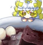  animal_ear_headwear anmitsu_(dessert) blonde_hair blush_stickers bowl closed_mouth commentary food fox_tail frills fumo_(doll) hat highres jitome long_sleeves looking_at_viewer mini_person minigirl mob_cap multiple_tails musical_note tail touhou white_background white_headwear yakumo_ran yakumora_n yellow_eyes 