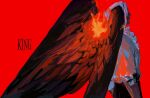  1boy asymmetrical_hair azisaiharumaki56 black_wings dark-skinned_male dark_skin fire highres king_(one_piece) leather long_hair male_focus one_piece red_background shirt white_hair white_shirt wings 