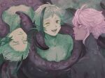  3boys :d azul_ashengrotto black_skin closed_eyes colored_skin eel_boy eye_contact fins floyd_leech green_skin grey_eyes grey_hair grey_skin head_fins heterochromia highres jade_leech looking_at_another matsuko_(mrimri3) mole mole_under_eye monster_boy multicolored_hair multicolored_skin multiple_boys nude octopus_boy profile restrained sharp_teeth short_hair slit_pupils smile streaked_hair teeth tentacles tentacles_on_male twisted_wonderland upside-down white_hair yellow_eyes 