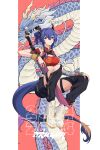  1girl 2024 adapted_costume arknights armlet bare_shoulders blue_hair breasts ch&#039;en_(ageless_afterglow)_(arknights) ch&#039;en_(arknights) chaps chinese_clothes cleavage cleavage_cutout clothing_cutout commentary_request crop_top dragon dragon_horns dragon_tail eastern_dragon hair_bun high_heels highres horns long_hair looking_at_viewer medium_breasts midriff navel peppsi_(saba_sabasuk0) red_eyes shoes sleeveless sneakers solo stomach tail thigh_strap thighs white_footwear 