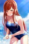  1girl bangs bare_arms blue_sky blue_swimsuit blush breasts cleavage cloud collarbone cowboy_shot highres idolmaster idolmaster_shiny_colors light_particles long_hair looking_at_viewer medium_breasts nira_(vira) one-piece_swimsuit oosaki_amana outdoors red_eyes red_hair school_swimsuit sky smile solo swimsuit towel wet wet_hair 