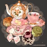  artist_name bow cake cherry chocolate commentary cup cupcake dessert doily english_commentary floral_print flower food food_focus fruit le_delicatessen marshmallow matcha_(food) no_humans original pink_theme saucer sparkle still_life tagme teacup teapot 