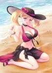  1girl absurdres alternate_costume beach bikini blonde_hair blue_eyes blush breasts commission commissioner_upload cosplay dorothea_arnault dorothea_arnault_(cosplay) feet fire_emblem fire_emblem:_three_houses fire_emblem_heroes hat highres large_breasts legs looking_at_viewer md5_mismatch nail_polish persona persona_5 resolution_mismatch sebu_illust solo source_smaller swimsuit takamaki_anne toes twintails 