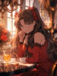  ai-generated bare_shoulders black_hair blue_eyes blush cup dress fate/hollow_ataraxia fate/stay_night fate/zero fate_(series) fingernails hair_ribbon highres lights long_hair looking_at_viewer pink_nails red_dress ribbon tarte_(hodarake) tea tohsaka_rin unlimited_blade_works_(fate) 
