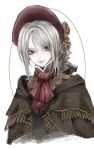  1girl absurdres ascot bangs bloodborne bonnet cloak closed_mouth commentary_request dress face flower green_eyes hat highres lips long_hair looking_at_viewer plain_doll rose simple_background solo swept_bangs white_background white_hair yonglai_tian 
