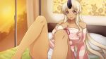  1girl artist_request bare_shoulders blonde_hair breasts cleavage clothes_lift dark-skinned_female dark_skin dress dress_lift fang game_cg horns huge_breasts indoors long_hair looking_at_viewer monster_musume_no_iru_nichijou monster_musume_no_iru_nichijou_online off-shoulder_sweater off_shoulder official_art on_bed open_mouth panties pink_sweater pointy_ears red_eyes single_horn sitting solo striped striped_sweater sweater sweater_dress tionishia underwear white_panties 