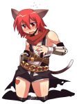 1boy animal_ears assassin_cross_(ragnarok_online) bandaged_chest bangs black_cape black_legwear black_shorts blush cape cat_ears cat_tail commentary_request crossdressing emon-yu eyebrows_visible_through_hair fang flying_sweatdrops full_body hair_between_eyes kneehighs kneeling looking_at_viewer male_focus misty_(ragnarok_online) open_mouth otoko_no_ko ragnarok_online red_eyes red_hair red_scarf scarf short_hair shorts simple_background solo tail torn_cape torn_clothes vambraces waist_cape white_background 