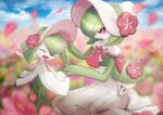  :d :o blurry bonnet closed_eyes closed_mouth cloud commentary day evolutionary_line field flower flower_field gardevoir gardevoir_(fashionable) gen_3_pokemon hair_flower hair_ornament hands_up hat kirlia open_mouth outdoors petals pink_flower pokemon pokemon_(creature) pokemon_(game) pokemon_unite purple_eyes ralts sitting sky smile standing tongue yukichi_(tsuknak1) 