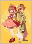  1boy 1girl bingmao-chan bow brown_hair cardcaptor_sakura child gloves green_eyes holding holding_wand kinomoto_sakura li_syaoran magical_boy magical_girl red_bow red_footwear shoes smile standing sword wand weapon white_gloves 