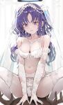 1boy 1girl absurdres alternate_costume blue_archive blush bra girl_on_top gloves highres jewelry long_hair necklace open_mouth panties pjkka purple_eyes purple_hair thighhighs two_side_up underwear white_bra white_gloves white_panties white_thighhighs yuuka_(blue_archive) 