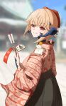  1girl absurdres arrow_(projectile) au_ra blonde_hair blurry brown_skirt depth_of_field dragon_horns eyebrows_hidden_by_hair feet_out_of_frame final_fantasy final_fantasy_xiv frog from_side hair_between_eyes hair_ribbon highres holding holding_arrow horns japanese_clothes kimono long_bangs long_skirt looking_to_the_side pink_kimono red_eyes ribbon scales short_hair simon_tearla skirt smile solo teeth upper_body warrior_of_light_(ff14) 
