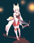  1girl absurdres android animal_ears bangs blonde_hair blue_eyes breasts cleavage_cutout clothing_cutout commentary crossbow fox_ears fox_girl fox_tail gun highres holding holding_crossbow holding_gun holding_weapon ishiyumi kemonomimi_mode mechanical_arms mechanical_buddy_universe mechanical_legs medium_breasts momdroid_(mechanical_buddy_universe) red_skirt short_hair skirt solo tail weapon wide_sleeves 