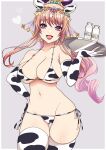  1girl animal_print bikini bottle breasts cow_print grey_background grimms_notes hair_ornament highres huge_breasts jewelry long_hair midriff milk_bottle navel open_mouth pink_hair ponytail purple_eyes reward_available shadow_morgiana simple_background smile solo swimsuit utani_(punishment) 