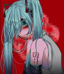  1girl arm_tattoo black_sleeves blood blood_drip blue_eyes blue_hair blue_necktie censored commentary detached_sleeves grey_shirt hair_between_eyes hair_ornament hair_over_one_eye hatsune_miku headset highres long_bangs long_hair looking_at_viewer mosaic_censoring necktie no_mouth number_tattoo red_background s2_(stwo) shirt sleeveless sleeveless_shirt solo tattoo twintails upper_body vocaloid 