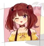  1girl bangs choker collarbone eyebrows_visible_through_hair frilled_shirt frills hair_behind_ear lee_roha nijisanji nijisanji_kr off-shoulder_shirt off_shoulder one_eye_closed purple_eyes sakura_ai shirt sketch smile solo tongue tongue_out twintails virtual_youtuber yellow_shirt 