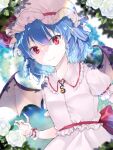  1girl bangs bat_wings blue_hair flower garden hat hat_ribbon highres leaf looking_at_viewer mob_cap pointy_ears puffy_short_sleeves puffy_sleeves red_eyes red_nails red_ribbon remilia_scarlet ribbon rose shirt short_hair short_sleeves skirt smile touhou white_flower white_headwear white_rose white_shirt white_skirt wings wrist_cuffs yurara_(aroma42enola) 