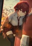  1girl :/ absurdres apartment bent_over bird breasts cattonyan cloud hair_ribbon highres hololive houshou_marine large_breasts long_hair necktie one_eye_closed plaid plaid_skirt pleated_skirt red_hair ribbon school_uniform skirt solo sunset thighhighs twintails uniform virtual_youtuber 