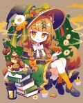  1girl :p animal_ears braid brown_background brown_hair candle candy cat_ears dress food full_body hat highres lantern original saijo1201 solo sweets tongue tongue_out twin_braids witch witch_hat yellow_eyes 
