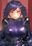  1girl ayame_(gundam_build_divers) black_gloves black_hair blush bodysuit bodysuit_under_clothes breasts commentary elbow_gloves gloves gundam gundam_build_divers hair_ornament highres kilye_kairi large_breasts latex latex_bodysuit latex_gloves leotard long_hair looking_at_viewer own_hands_together purple_eyes purple_hair purple_leotard solo sweat upper_body 