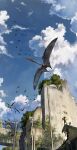  2girls abandoned absurdres ari_hinoko blue_sky building cloud cumulonimbus_cloud feet_out_of_frame flying highres lamppost looking_at_animal multiple_girls original outdoors overgrown quetzalcoatlus ruins simple_bird sky standing tapejara utility_pole wooden_house 