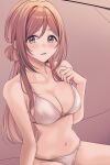  1girl absurdres armpit_crease arms_at_sides bare_arms bare_shoulders bikini blush breasts brown_hair cleavage collarbone commentary_request gakuen_idolmaster grey_eyes hair_between_eyes hair_bun halterneck hand_on_own_chest hand_up highres himesaki_rinami idolmaster large_breasts long_hair looking_at_viewer narrow_waist navel open_mouth simple_background sitting solo stomach string_bikini swimsuit triangle_bikini_top unfinished white_bikini yuzuyu_(hyui) 