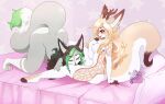 anthro ass_up bangs bed bent_over big_butt blonde_hair blush breasts butt canid canine curled_hair dandy_(eixy) deer duo ear_piercing eixy eyebrow_through_hair eyebrows eyes_closed eyeshadow feet female female/female fennec fox fur furniture green_body green_eyes green_fur green_hair gynomorph hair hand_on_breast hand_on_calf hand_on_leg hand_on_thigh hi_res horn hybrid inner_ear_fluff intersex leaning leaning_back leg_markings licking_thigh long_hair long_nails long_tail looking_at_another makeup mammal markings multicolored_body multicolored_fur multicolored_hair nude nude_anthro on_bed open_mouth piercing pillow shaded shaded_background side_boob sitting sitting_on_bed snout socks_(marking) spots spotted_body spotted_fur spotted_markings star sushimi sushimifox tail thick_thighs toes tongue translucent translucent_hair tuft two_tone_body two_tone_fur two_tone_hair two_tone_tail wavy_hair wide_hips