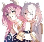  2girls aura_(sousou_no_frieren) blush breasts earrings elf frieren green_eyes highres horns jewelry multiple_girls parted_bangs parted_lips pointy_ears sousou_no_frieren tongue twintails white_hair yakisobaosu yuri 
