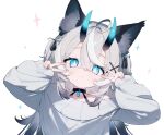  1girl ahoge animal_ears blue_eyes cat_ears cat_girl choker cross-shaped_pupils double_v grey_hair highres horns long_sleeves looking_at_viewer mosou_keito original simple_background solo symbol-shaped_pupils v white_background 