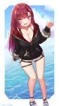  1girl bent_over black_jacket blush breasts cleavage commentary commentary_request dolphin_shorts heterochromia highres hololive houshou_marine jacket jewelry large_breasts legs long_hair necklace red_hair sandals shorts solo thigh_gap umedoufu virtual_youtuber water 