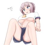  1girl absurdres aoba_(kancolle) blue_eyes blue_shorts blush breasts commentary_request dated feet_out_of_frame hair_between_eyes highres kantai_collection large_breasts looking_at_viewer maru_(marg0613) midriff navel neckerchief one-hour_drawing_challenge open_mouth panties pink_hair pink_panties ponytail sailor_collar shirt short_hair short_sleeves shorts simple_background solo twitter_username underboob underwear white_background white_shirt yellow_neckerchief 