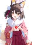  1girl absurdres animal_ear_fluff animal_ears blue_archive blush fang floral_print_kimono fox_ears fox_girl fox_hair_ornament fox_tail fur-trimmed_kimono fur_trim hair_ornament hakama hakama_skirt halo hands_up highres izuna_(blue_archive) japanese_clothes kimono looking_at_viewer notice_lines open_mouth pink_halo pink_kimono pom_pom_(clothes) pom_pom_hair_ornament red_skirt rei_(ilust9999) short_hair skin_fang skirt smile solo tail tail_wagging white_background 