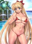 1girl aino_minako bare_arms bare_shoulders bikini bishoujo_senshi_sailor_moon blonde_hair blue_eyes bow breasts breasts_squeezed_together collarbone commentary_request contrapposto cowboy_shot day hair_bow halterneck highres large_breasts long_hair looking_at_viewer navel outdoors oyaman palm_tree parasol parted_lips photo_background pool poolside red_bikini red_bow smile solo standing stomach string_bikini swimsuit tree twitter_username umbrella underboob very_long_hair water 