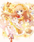  1girl :p blonde_hair bow cookie dress food fork full_body green_eyes hair_bow high_side_ponytail highres holding ketchup ketchup_bottle omelet omurice original red_footwear saijo1201 solo spoon tongue tongue_out waffle yellow_bow yellow_dress 