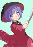  144udy 1girl :o absurdres blue_background bowl bowl_hat hat highres holding holding_needle japanese_clothes kimono long_sleeves needle pink_kimono purple_eyes purple_hair short_hair simple_background solo sukuna_shinmyoumaru touhou wide_sleeves 