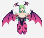  1girl bangs black_leotard breast_suppress breasts cleavage demon_girl demon_wings detached_sleeves eximmetry green_eyes green_hair grey_background head_wings highres large_breasts leotard long_hair looking_up morrigan_aensland open_mouth seiza sitting solo vampire_(game) wings 