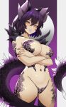  1girl ass_visible_through_thighs blake_belladonna blush bob_cut breasts cowboy_shot crossed_arms dragon_girl dragon_horns dragon_tail dragon_wings from_below highres horns lainart large_breasts lipstick looking_at_viewer makeup medium_hair navel nude parted_lips purple_hair rwby scales simple_background slit_pupils solo tail wings yellow_eyes 