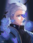  1boy bishounen bizhiyouran blue_butterfly blue_coat blue_eyes bug butterfly coat devil_may_cry_(series) devil_may_cry_3 flower hair_slicked_back highres male_focus solo too_many_butterflies too_many_flowers vergil_(devil_may_cry) white_hair 