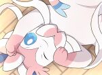 ambiguous_gender blue_sclera eeveelution feral fur generation_6_pokemon hi_res looking_at_viewer lying nintendo on_back one_eye_closed pink_body pink_fur pokemon pokemon_(species) quadruped rumine smile solo sylveon white_body white_eyes