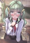  1girl alternate_costume bespectacled blunt_bangs blush desk futaba_sana glasses green_eyes green_hair hand_on_own_chest hi_ch_mng highres lens_flare long_hair looking_at_viewer magia_record:_mahou_shoujo_madoka_magica_gaiden mahou_shoujo_madoka_magica open_mouth pov school_desk school_uniform scrunchie solo table 