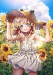  1girl :d bare_shoulders blonde_hair blue_sky casual cloud commentary day dress eyes hat highres long_hair looking_at_viewer moriya_suwako nora_wanko off-shoulder_dress off_shoulder open_mouth outdoors sky smile solo teeth touhou upper_teeth white_dress 