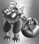 aggron anthro big_breasts big_tail black_eyes blue_sclera breasts claws dialogue featureless_breasts featureless_crotch female generation_3_pokemon grey_background grey_body hi_res horn huge_breasts long_tail looking_at_viewer nintendo pokemon pokemon_(species) pupils sharp_claws simple_background slit_pupils solo tail talking_to_viewer text thick_thighs white_body white_horn wide_hips zodiac-z2
