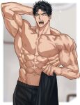  1boy abs armpits bara black_hair black_pants black_shirt blue_eyes domo_(domo_kizusuki) eyelashes highres holding holding_clothes indoors kokado_shido_(domo) large_pectorals looking_to_the_side male_focus muscular muscular_male navel nipples one_eye_closed open_mouth original pants pectorals revision shirt short_hair shredded_muscles sideburns solo thick_eyebrows topless_male translated unworn_clothes unworn_shirt upper_body veins yawning 