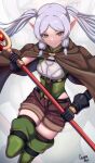  1girl absurdres artist_name black_bow black_gloves black_thighhighs boots bow breasts brown_cape brown_shorts caiman_pool cape cosplay frieren gloves goblin_slayer! green_eyes green_footwear hair_bow high_elf_archer_(goblin_slayer!) high_elf_archer_(goblin_slayer!)_(cosplay) highres holding holding_staff long_hair looking_at_viewer pointy_ears shorts sidelocks small_breasts smile solo sousou_no_frieren staff thigh_boots thighhighs twintails white_hair 