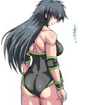  1girl ass back black_hair black_wristband blue_eyes breasts elbow_pads highres large_breasts long_hair looking_down muscular muscular_female original retro_artstyle shiny_skin simamoto_utako solo spiked_hair taroimo_(00120014) translation_request wedgie white_background wide_hips wrestling 