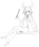  1girl :o blush breasts china_dress chinese_clothes crossed_legs dragon_horns dress elbow_gloves full_body gloves grand_summoners hair_between_eyes highres holding horns long_hair looking_at_viewer mary_janes monochrome navel open_mouth pelvic_curtain shoes sitting sketch small_breasts solo thighhighs 