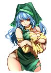  1girl apron bare_shoulders blue_hair breast_hold breasts cleavage closed_mouth commentary cowboy_shot crossed_arms curvy dress green_apron green_headwear groin haniyasushin_keiki head_scarf highres jewelry large_breasts light_frown long_hair magatama magatama_necklace necklace no_bra no_panties raptor7 red_eyes simple_background single_strap solo standing symbol-only_commentary torn_clothes torn_dress touhou white_background wide_hips yellow_dress 