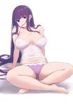  1girl absurdres arm_support arms_behind_back bow bow_panties breasts camisole covered_nipples crossed_legs cut_bangs fern_(sousou_no_frieren) full_body hair_in_own_mouth highres large_breasts legs long_hair looking_at_viewer panties purple_hair purple_panties sitting solo sousou_no_frieren spread_legs straight_hair thighs txbbxb underwear very_long_hair white_camisole 