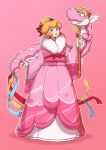  1girl absurdres alternate_costume alternate_hairstyle ancient_dragon_(mario) blonde_hair blue_eyes chinese_zodiac dragon dress earrings eastern_dragon full_body fur-trimmed_kimono fur_trim hair_ribbon highres japanese_clothes jewelry kimono looking_at_viewer mario_(series) pink_background pink_dress pink_kimono pink_sash princess_peach red_ribbon ribbon saiwo_(saiwoproject) sash simple_background solo sphere_earrings updo year_of_the_dragon 