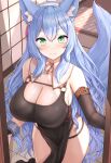  1girl absurdres animal_ears bangs bare_shoulders black_dress blue_hair blush breasts cleavage detached_collar dress elbow_sleeve green_eyes highres huge_breasts long_hair mole mole_on_breast mole_under_eye original oxenia sister_reine_(foxyrain) smile tile_wall tiles very_long_hair wrist_cuffs 